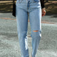 Distressed Slit Leg Raw Edge Straight Jeans