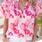 Split Neck Ruffled Puff Sleeves Floral Top