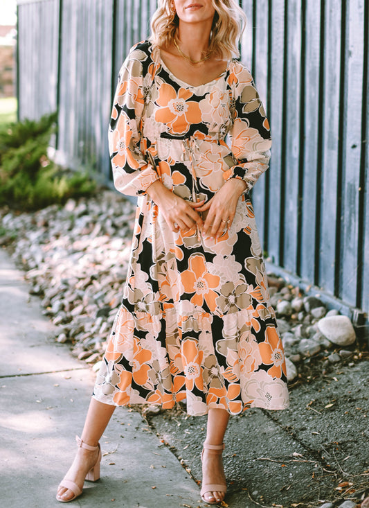 Tie Waist Puff Sleeve Bold Floral Maxi Dress