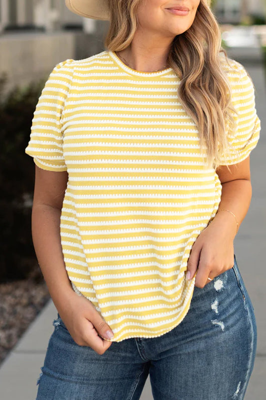 Stripe Short Puff Sleeve Plus Size Jumper