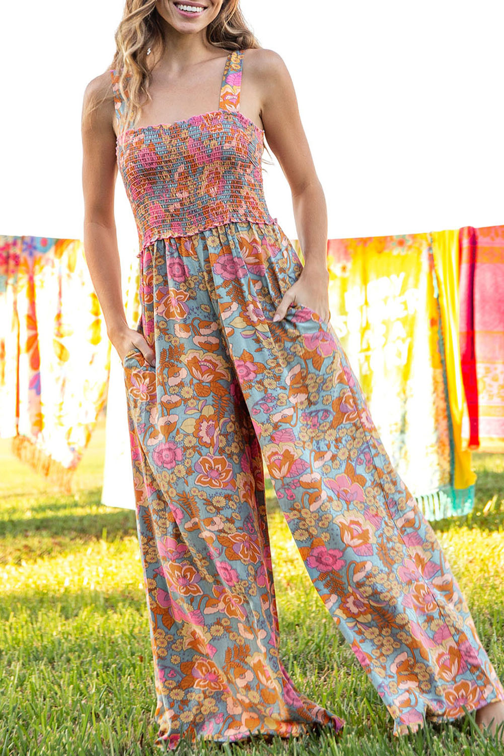 Boho Floral Smocked Sleeveless Wide-Leg Pocket Jumpsuit
