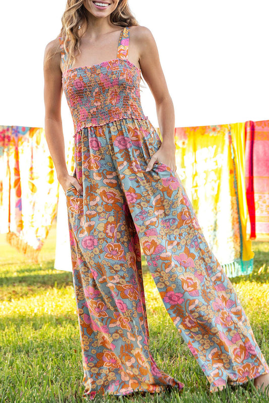 Boho Floral Smocked Sleeveless Wide-Leg Pocket Jumpsuit