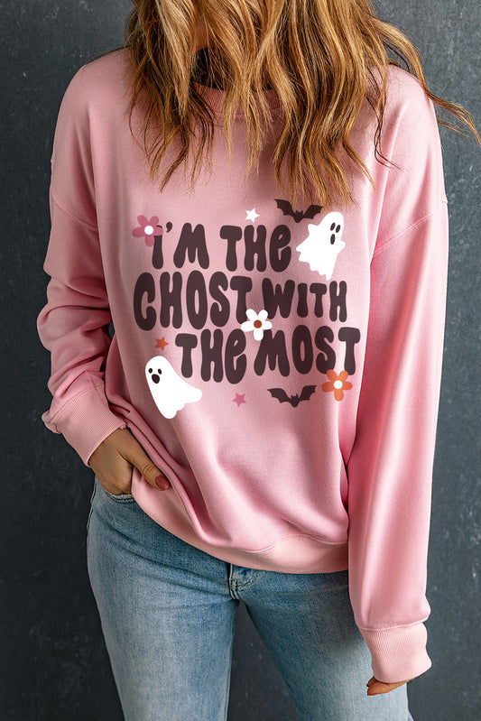 Halloween Slogan Ghost Bat Graphic Drop Shoulder Sweatshirt