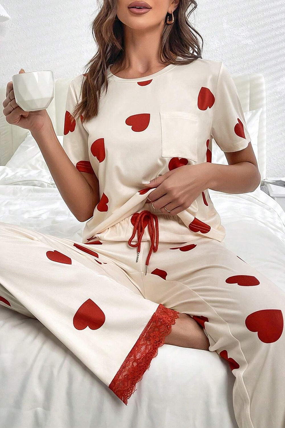 Valentines Heart Print Lace Hem Tee Pants Pajama Set