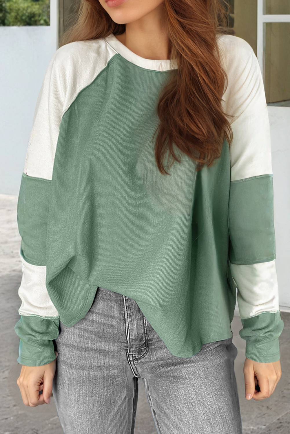 Ribbed Colorblock Patchwork Raglan Long Sleeve Top