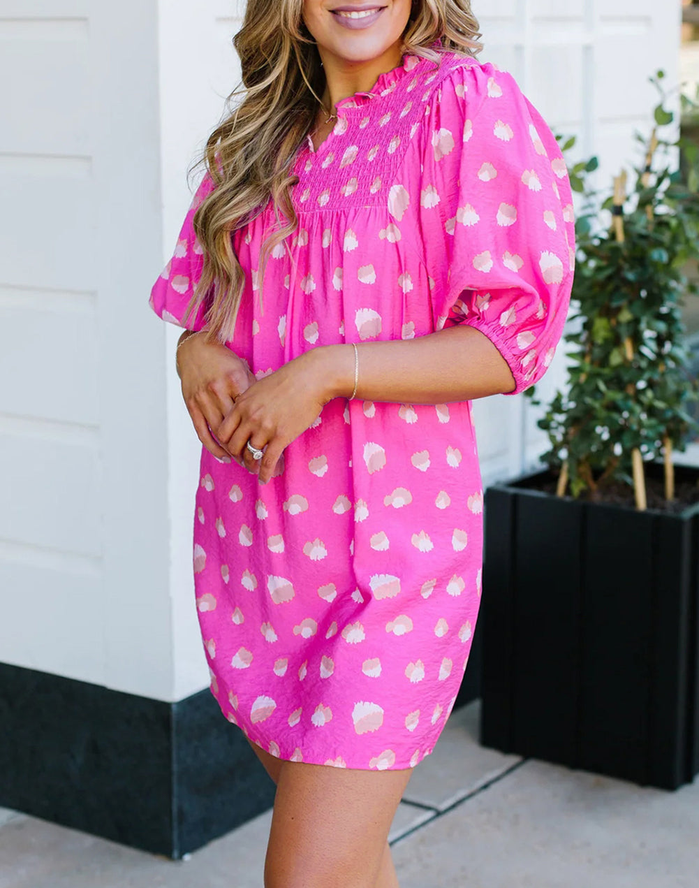 Printed Shirred Yoke Half Puff Sleeve Dress