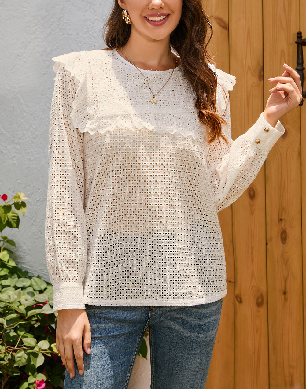 Hollowed Long Sleeve Round Neck Ruffled Blouse