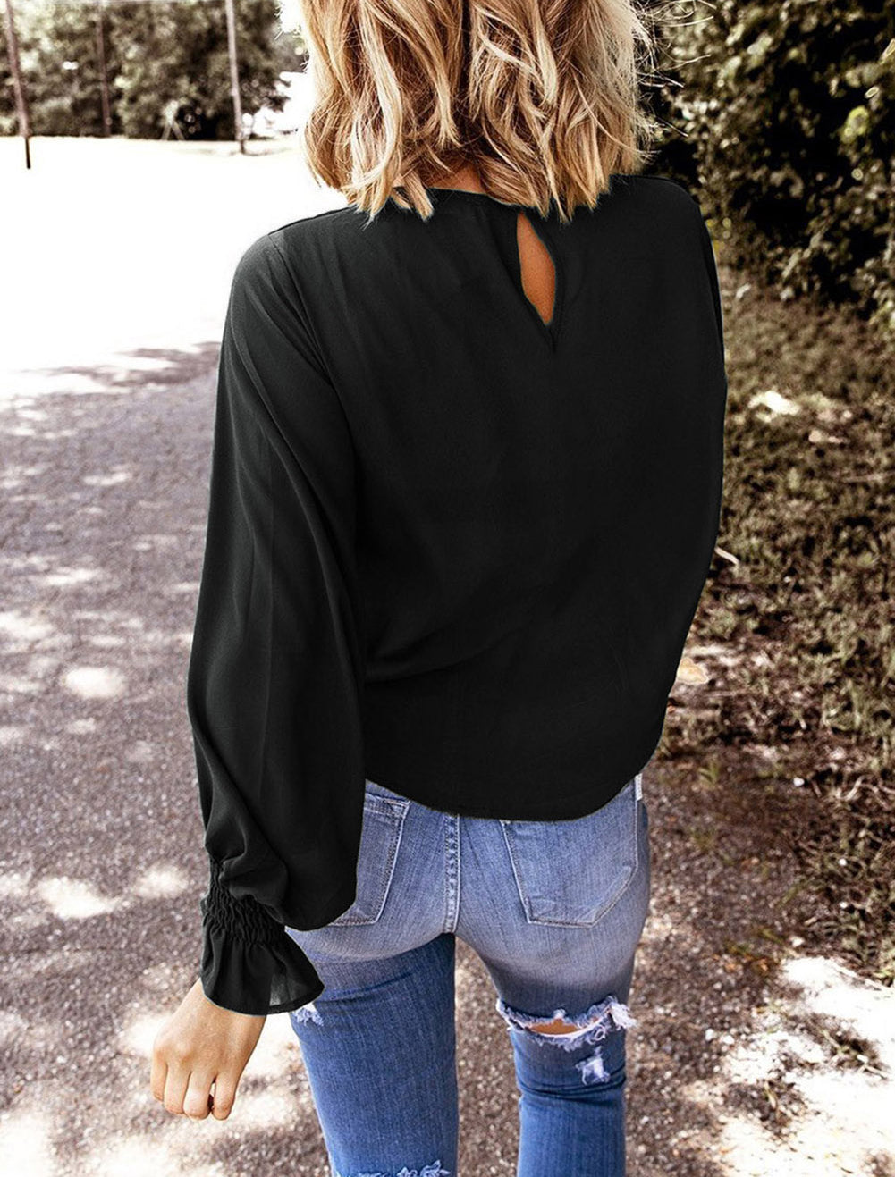 Crew Neck Ruffle Bubble Sleeve Top
