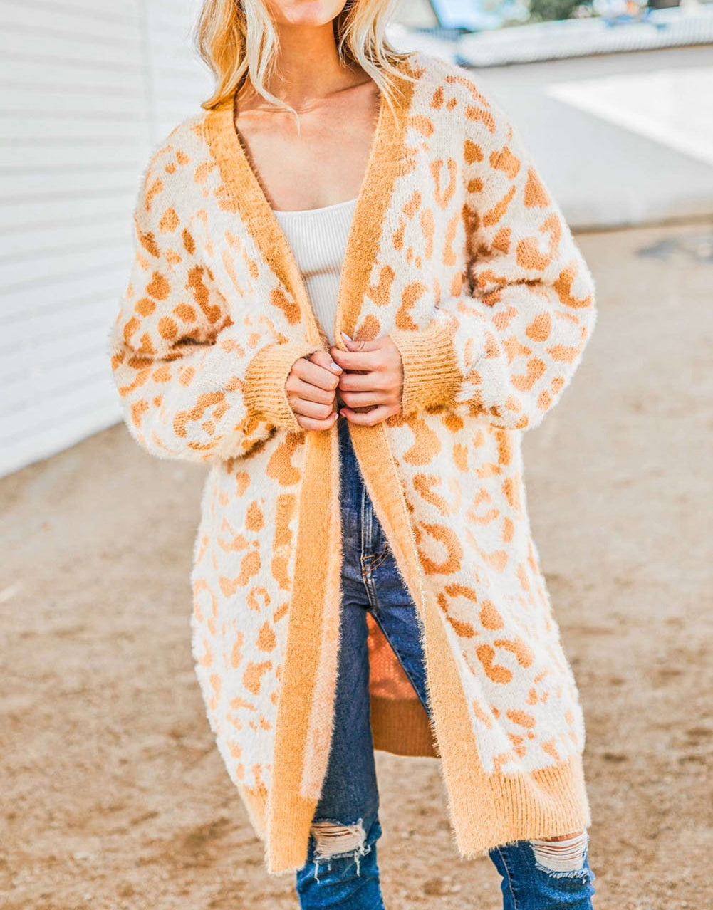 Knit Leopard Print Open Front Tunic Cardigan