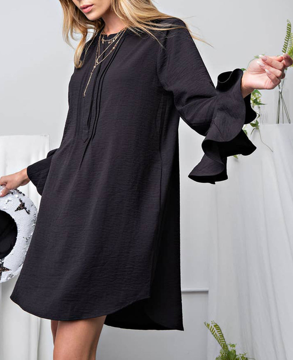 Solid Color Flounce Splicing Sleeve Mini Shift Dress