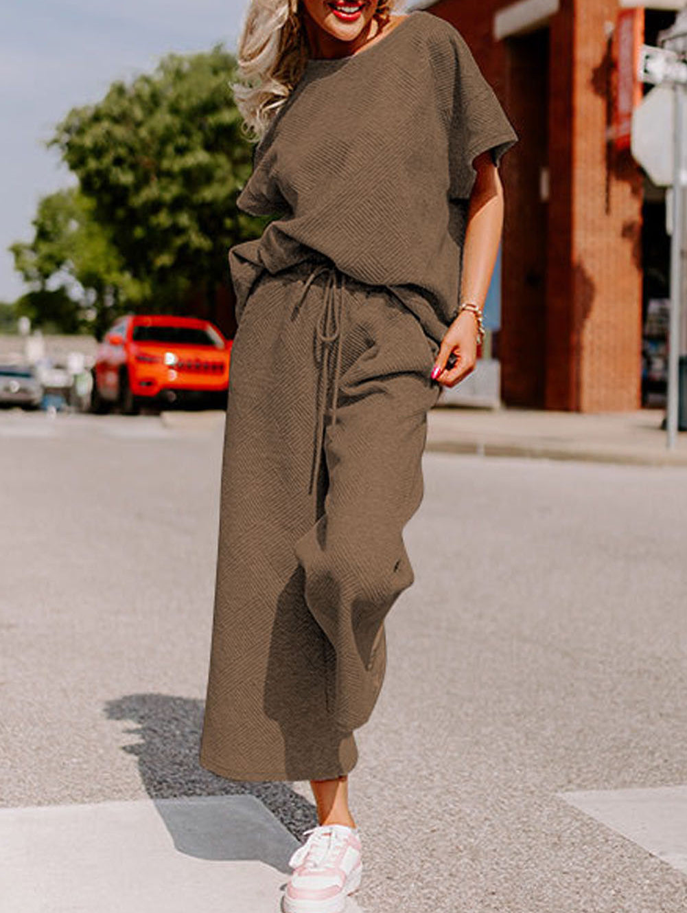 Textured Loose Fit T Shirt and Drawstring Pants Set