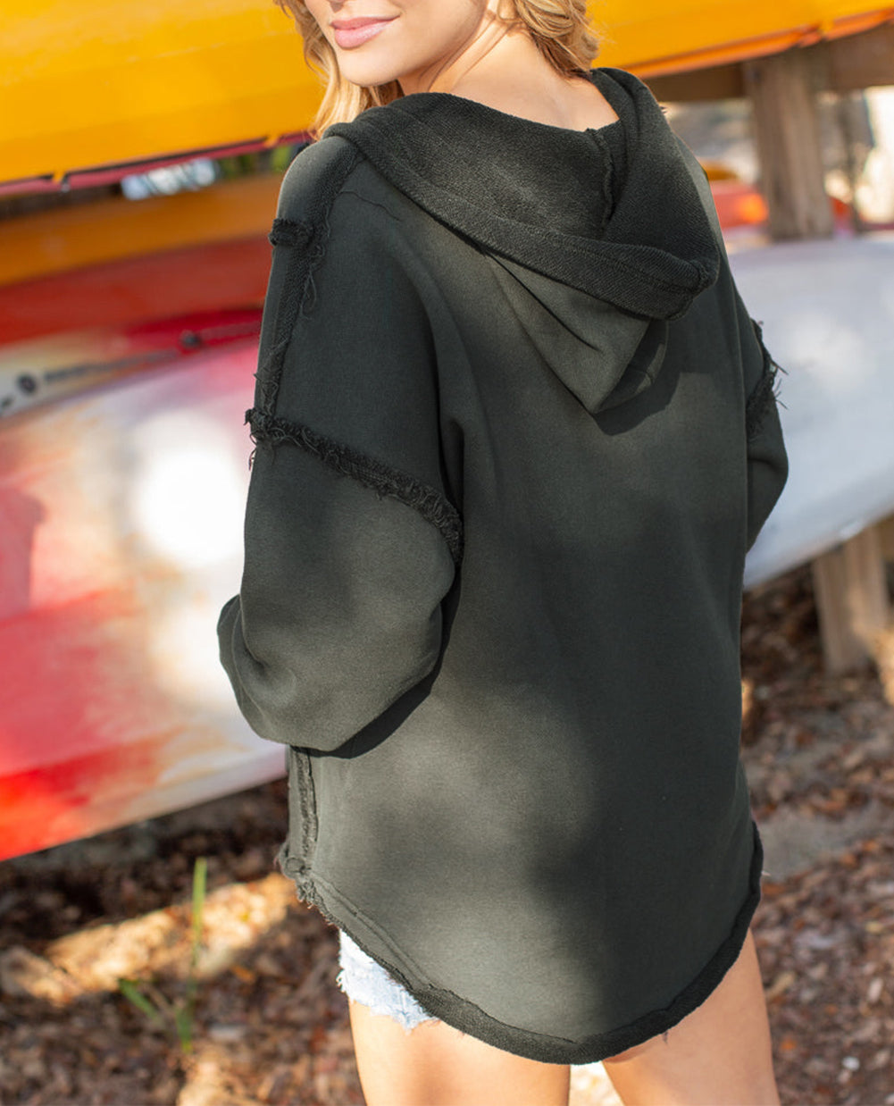 Exposed Seam Raw Edge Hoodie with Pockets