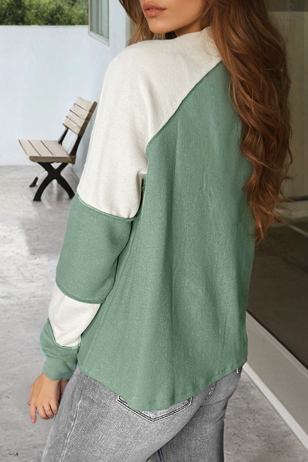 Ribbed Colorblock Patchwork Raglan Long Sleeve Top