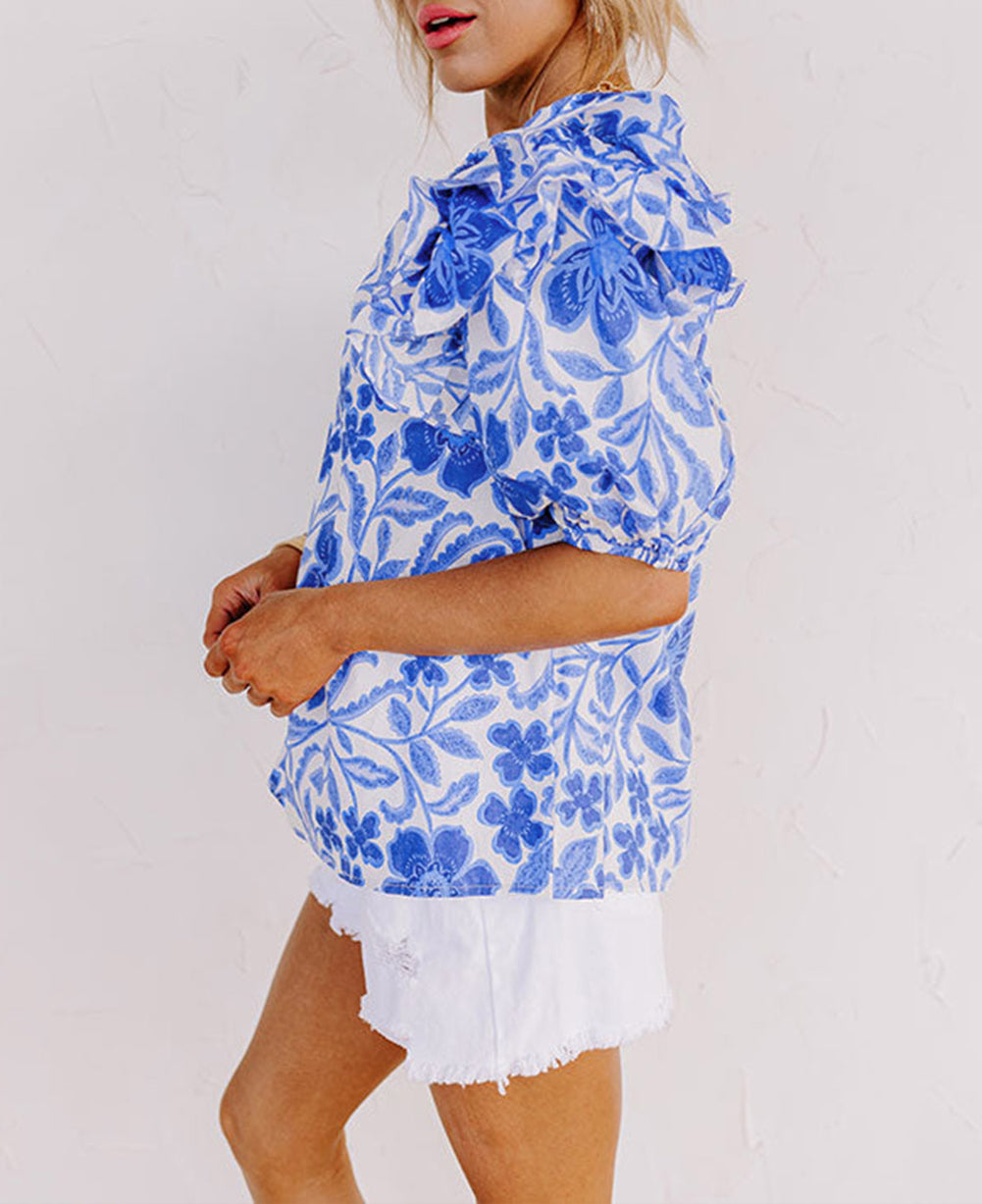 Floral Print Ruffled Bubble Sleeve Blouse