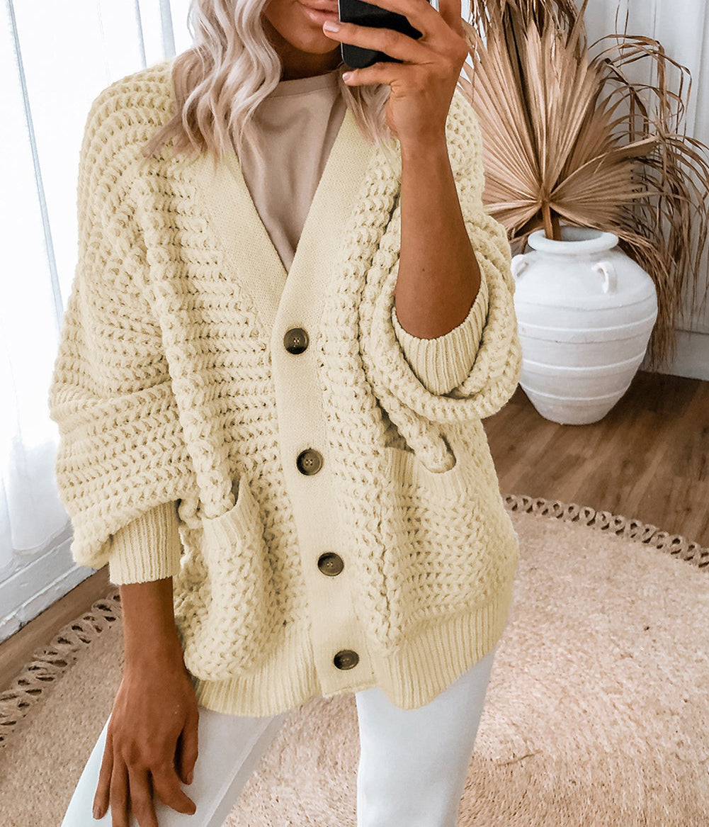 Chunky Textured Knit Pocketed V Neck Cardigan
