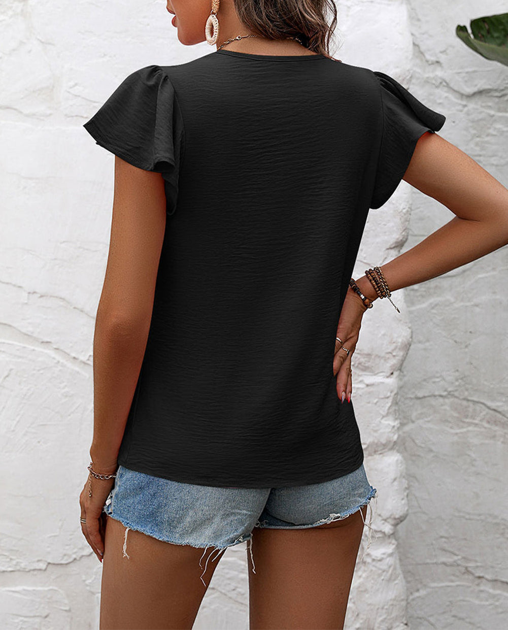 Solid Color Textured Pleated Flutter Sleeve Blouse