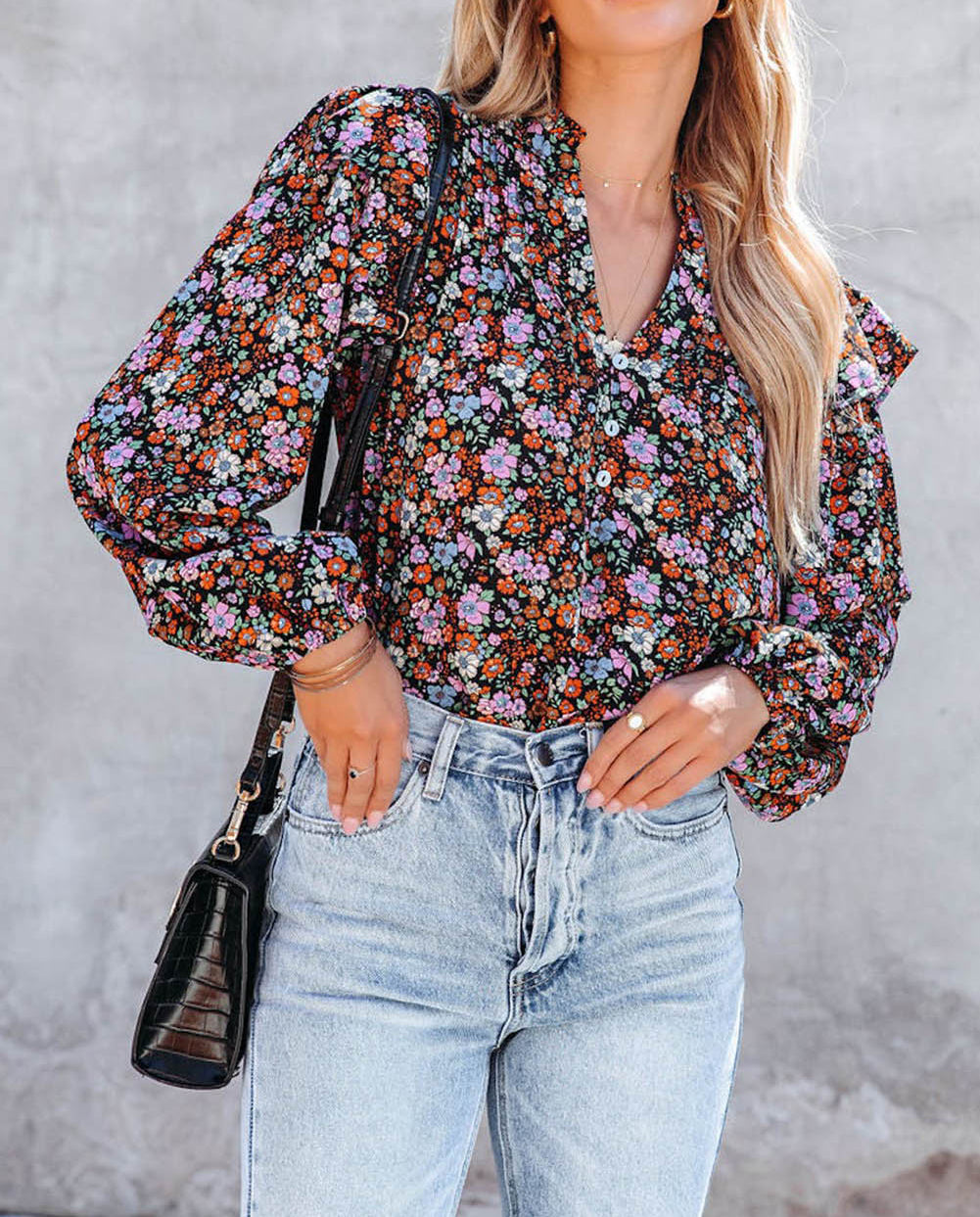 Red Floral Ruffled Bubble Sleeve Shirt