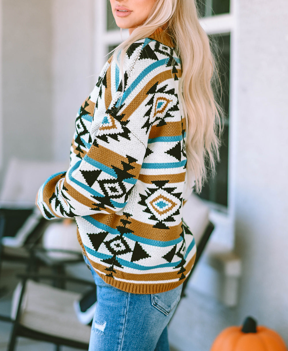 Aztec Striped Knit Ribbed Trim Sweater
