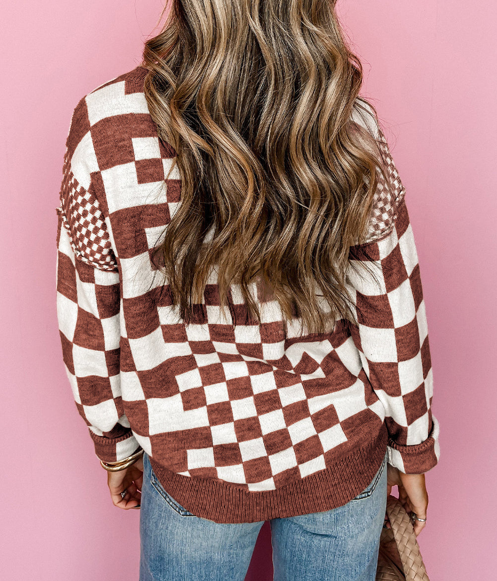 Checkered Print Drop Shoulder Round Neck Sweater