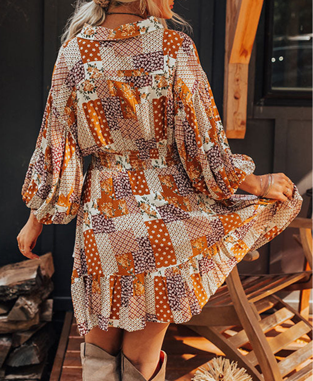 Boho Floral Puff Sleeve Smocked Waist Mini Shirt Dress