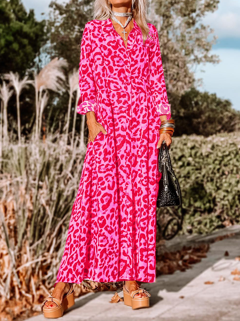 Leopard Button-Up Long Sleeve Maxi Dress