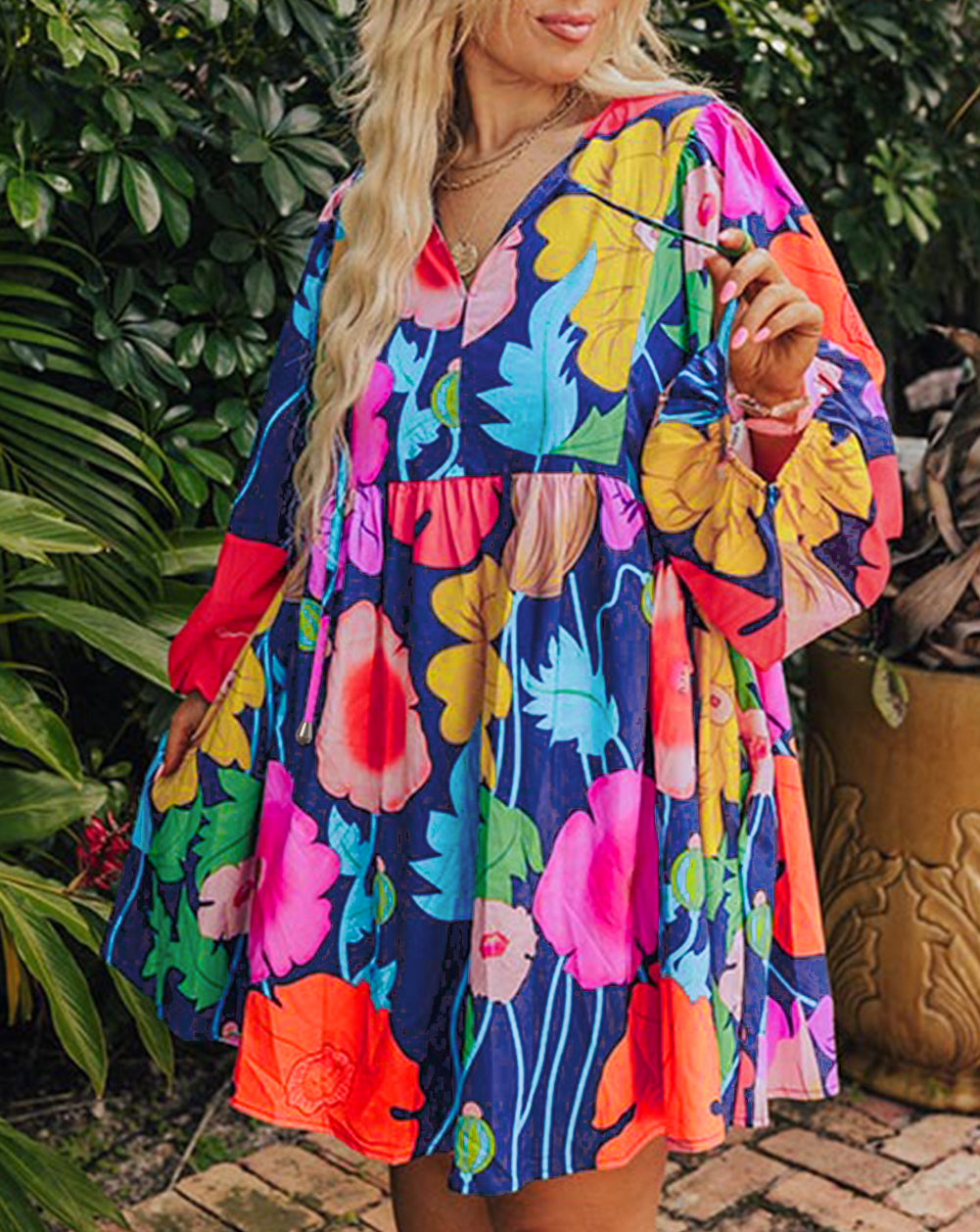 Plus Size Floral V Neck Balloon Sleeve Babydoll Dress