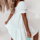 White Smocked Square Neck Textured Mini Dress