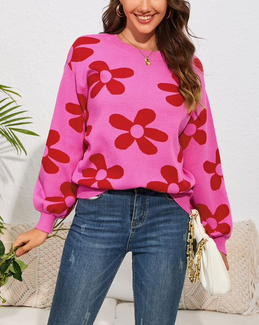 Big Flower Knit Ribbed Trim Sweater