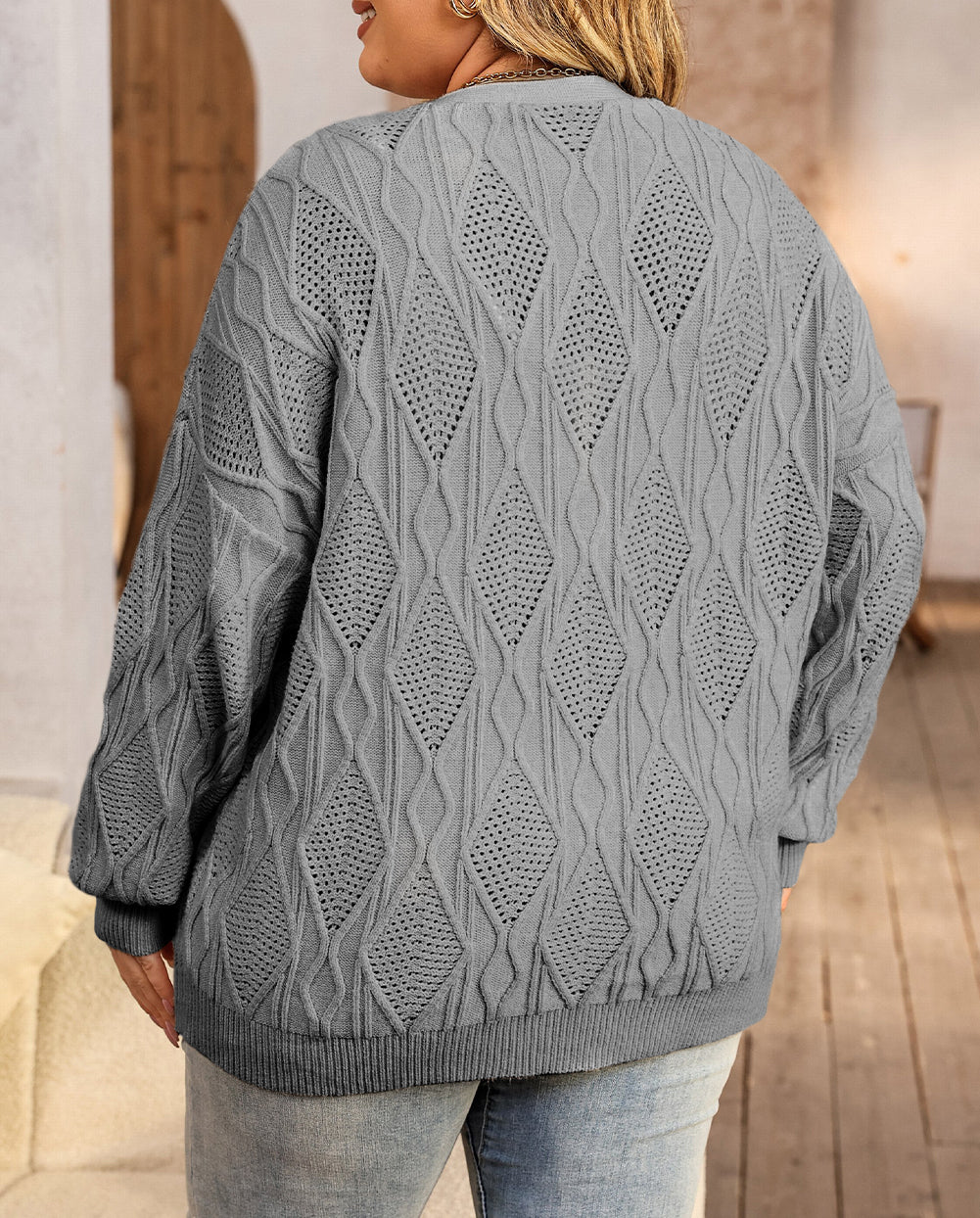 Plus Size Knitted Hollow out Button up Cardigan
