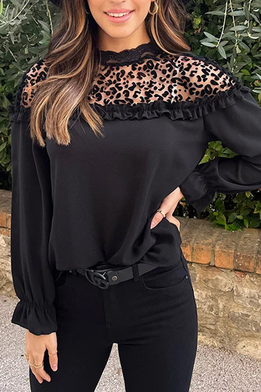 Leopard Mesh Splicing Ruffle Long Sleeve Blouse