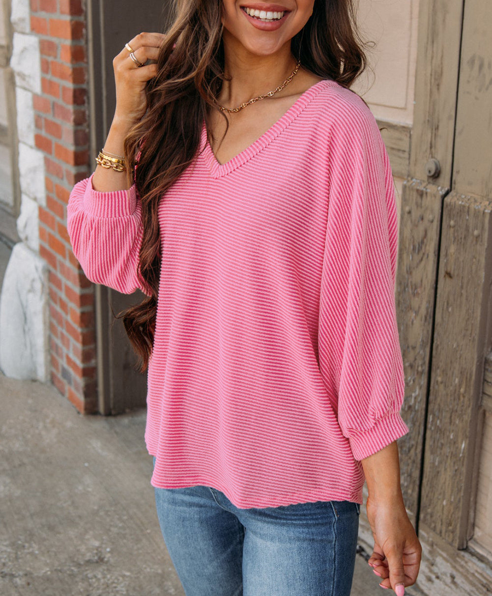 Striped Print Bracelet Sleeve V Neck Top