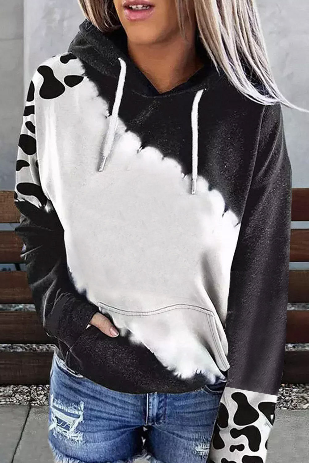 Cow Tie Dye Print Pocketed Drawstring Pullover Hoodie