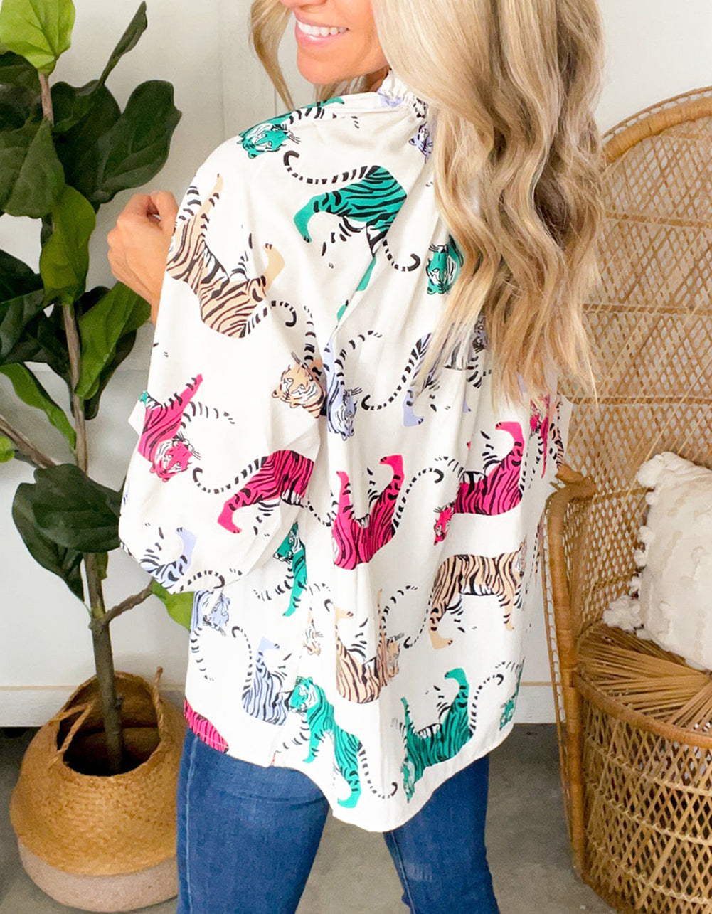 Colorful Tiger Print Ruffled Lantern Sleeve Blouse