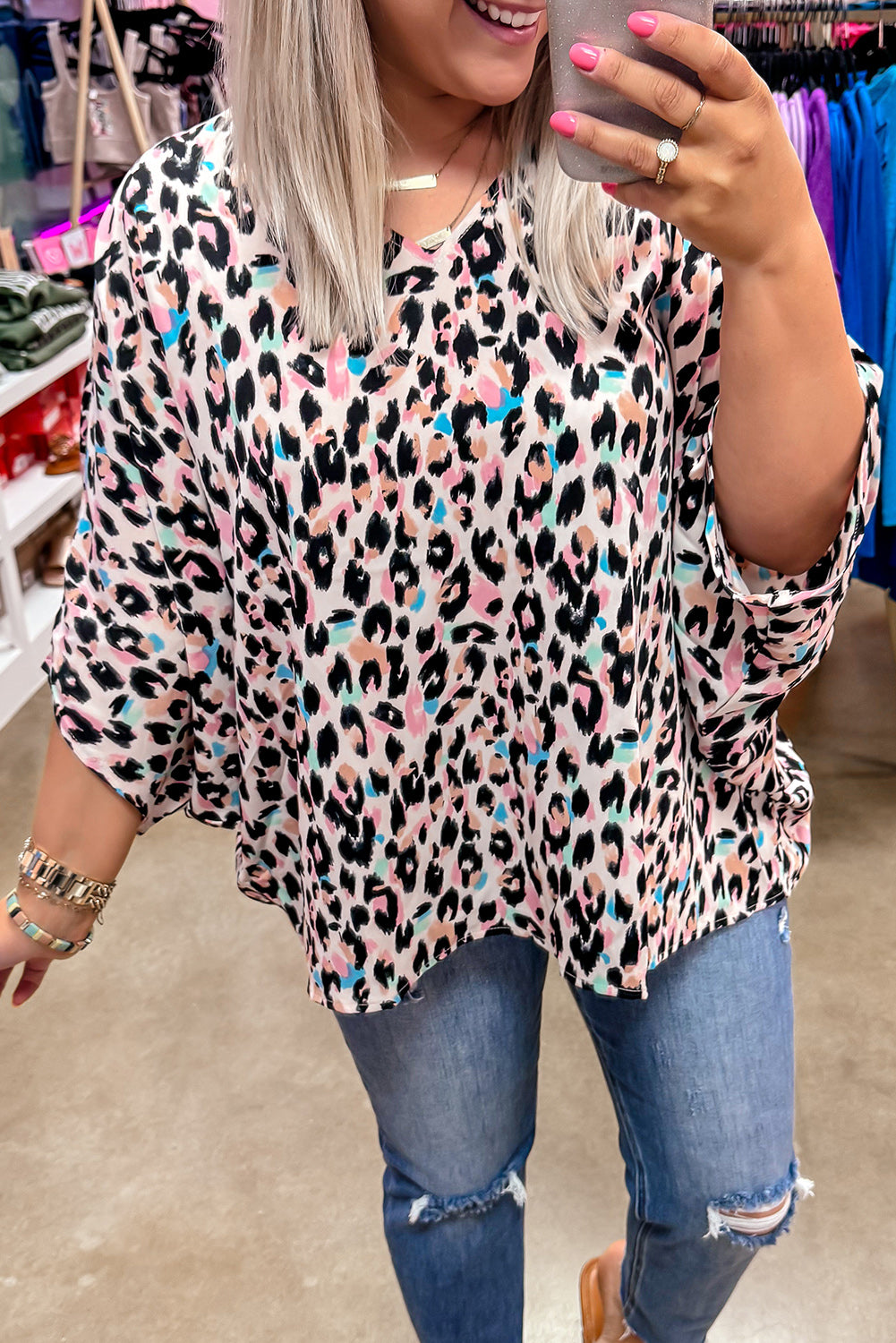 Leopard Print V Neck Batwing Sleeve Plus Size Top
