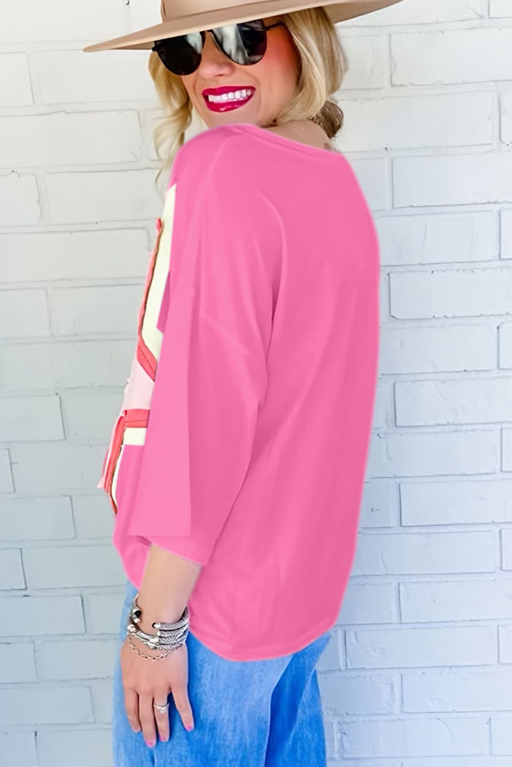 Colorblock Star Patched Half Sleeve Oversized Tee