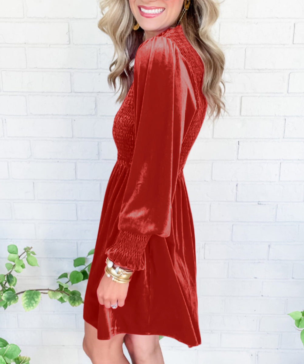 Frilled Neck Smocked Bodice Velvet Dress