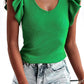 Green Rib Knitted Ruffle Sleeve U Neck Top