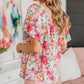 Watercolor Floral Square Neck Ruffle Sleeve Blouse