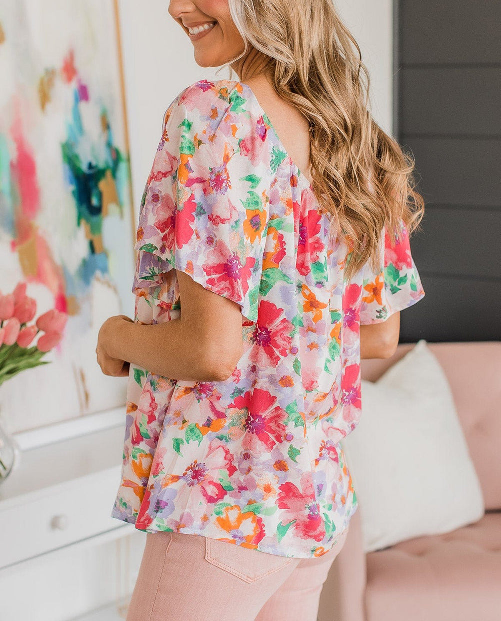 Watercolor Floral Square Neck Ruffle Sleeve Blouse