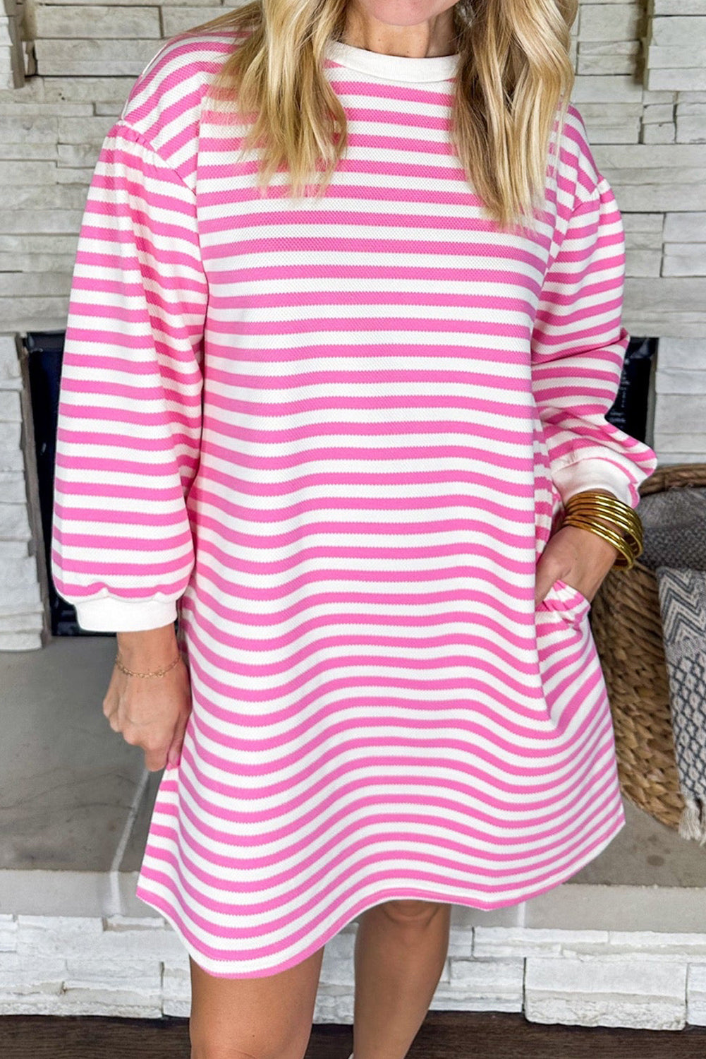 Stripe Round Neck Puff Sleeve Pocketed Shift Dress