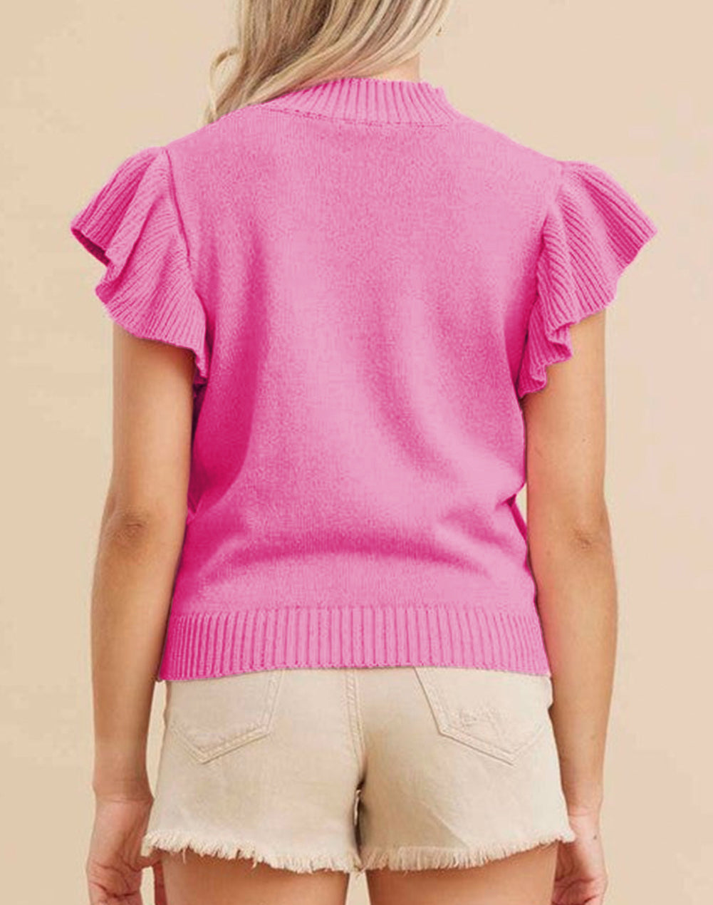 Ribbed Mock Neck Ruffled Short Sleeve Sweater
