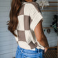 Checkered Color Block Crew Neck Short Sleeve Sweater