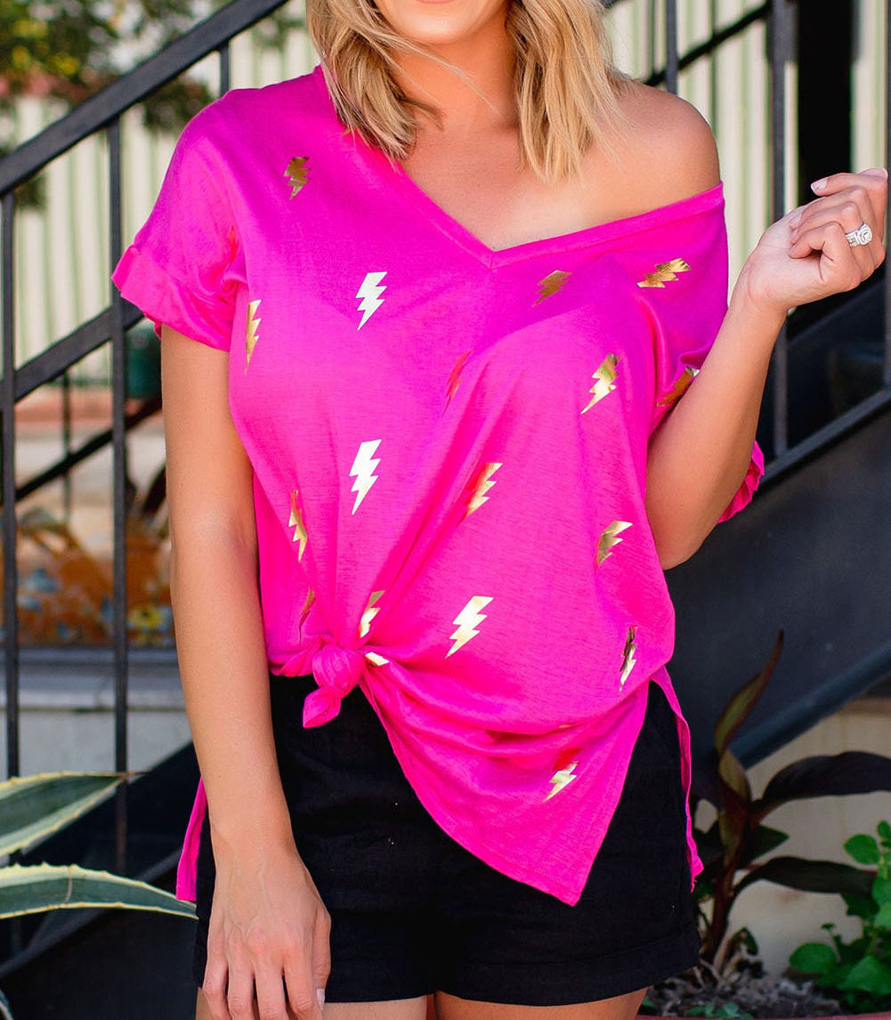 Rose Shiny Lightning Print V Neck Loose T Shirt