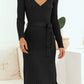 Ribbed V-Neck Belted Frilled Elegant Sweater Dress