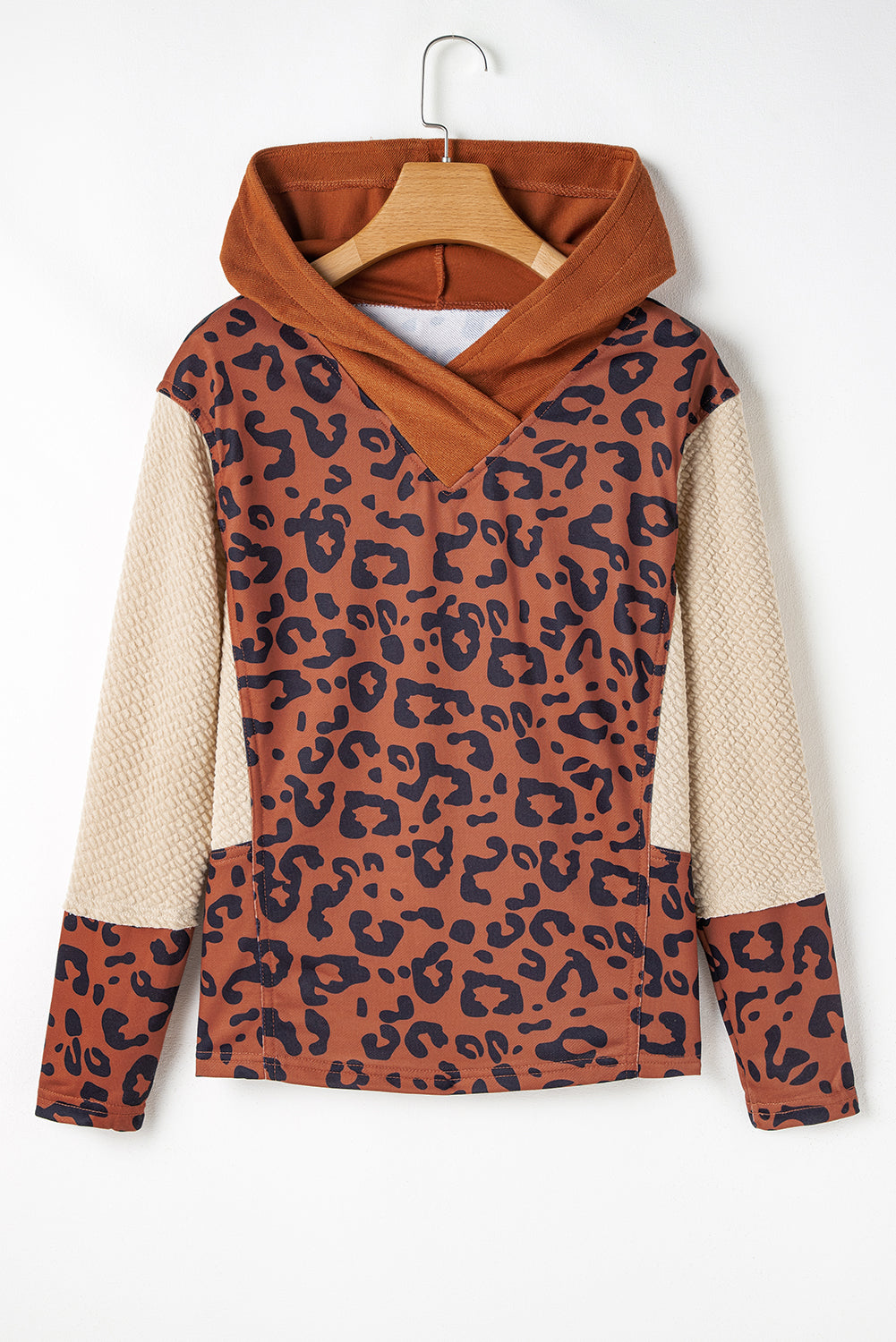 Textured Knit Patchwork Leopard Hoodie