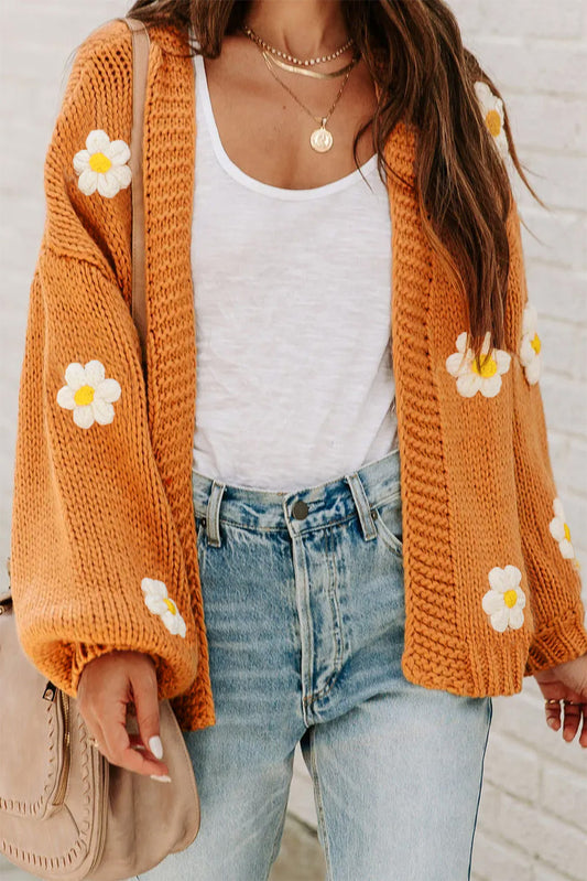Flower Applique Bubble Sleeve Cardigan