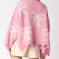 Pearl Beaded Bowknot Pattern Distressed Split Hem Sweater