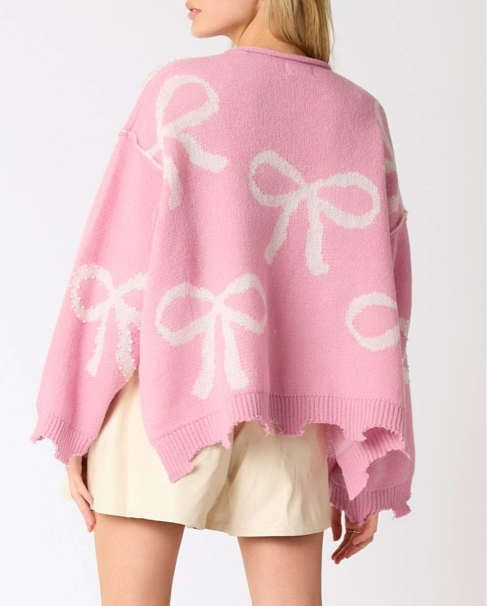 Pearl Beaded Bowknot Pattern Distressed Split Hem Sweater