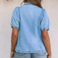 Blue Short Bubble Sleeve Snap Button Denim Shirt