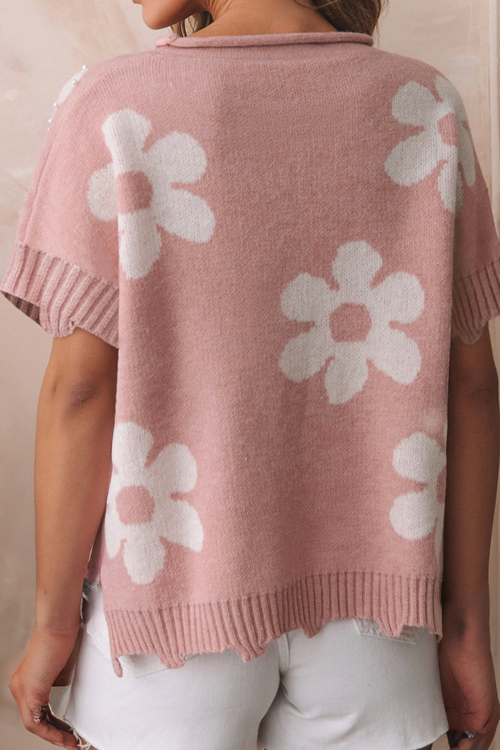 Pearled Flower Distressed Edge Sweater T Shirt